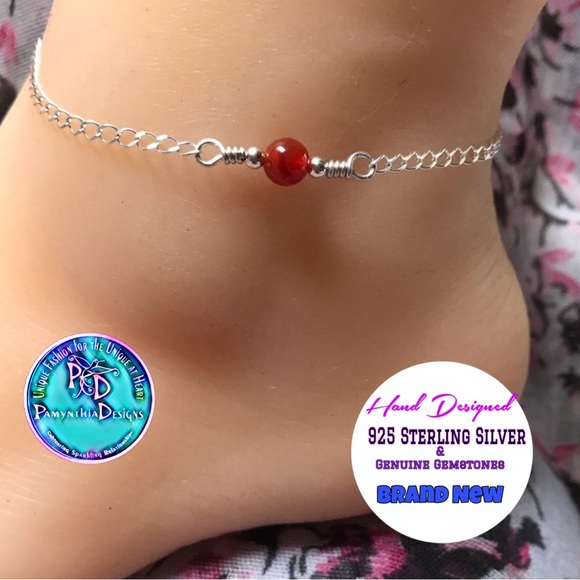 Red Agate Sterling Silver Ankle Bracelet- Fire Red Agate Sterling Silver Anklet - Picture 1 of 4